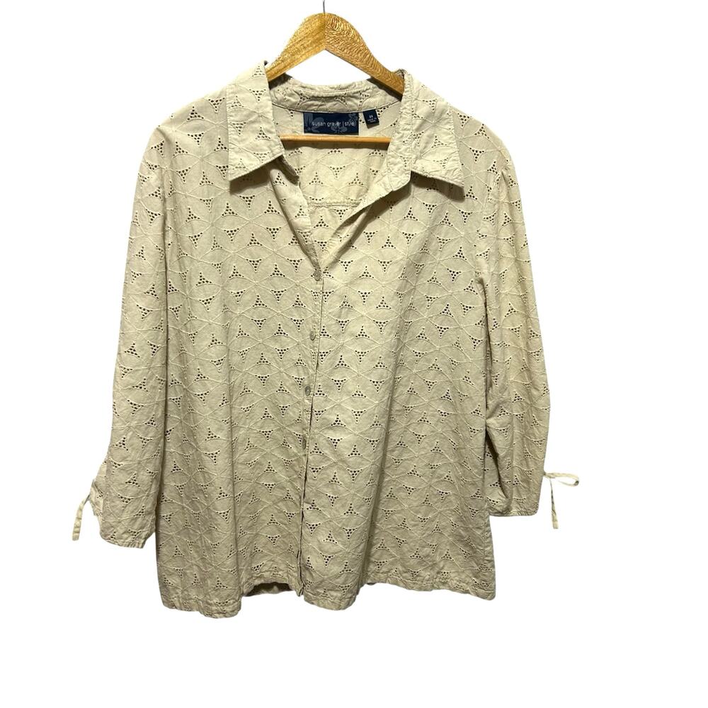 Susan Graver Womens Beige Eyelet Button Blouse 2X Cotton Boho Cottagecore Mature